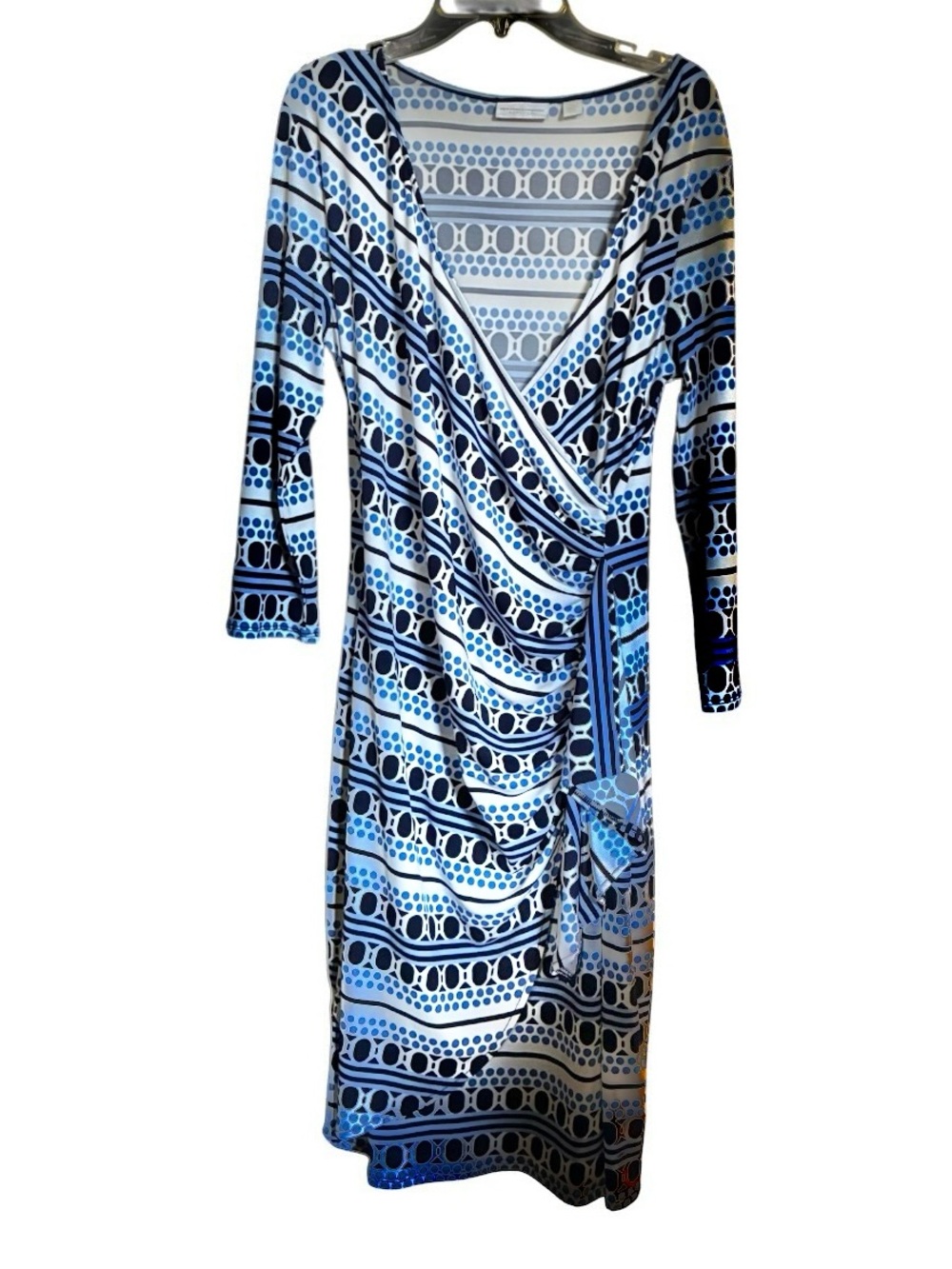 New York & Company Faux Wrap Midi dress geometric print blues/white feminine Med